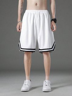 White  Collar  Woven Fabric Colorblock,Letter,Striped,All Over Print  Embellished Slight Stretch  Men Activewear White Short Sportswear Bottoms, White Short Length Sportswear Bottoms, White Breathable Athletic Shorts, White Athletic Shorts For Gym, White Stretch Gym Shorts, Stretch White Gym Shorts, White Stretch Shorts For Gym, White Knee-length Sports Shorts, White Athletic Sportswear Shorts