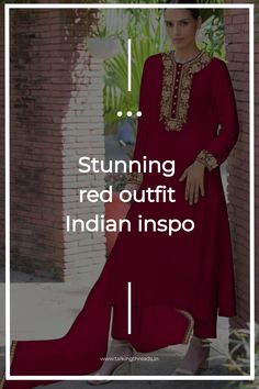 Woman wearing a red traditional outfit with gold embroidery, sitting against a brick wall. Red Outfit Indian, Outfit Indian