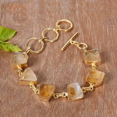 Raw Citrine Bracelet, 18k Gold Plated Bracelet, Handmade Bracelet, Natural Stone Bracelet, Adjustable Bracelet, Birthday Gift Jewelry Recycled Bracelets, Raw Citrine, Citrine Bracelet, Citrine Jewelry, Fancy Stones, Brass Bracelet, Natural Stone Bracelets, Citrine Stone, Citrine Gemstone