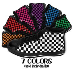 "You're gonna love these simple yet stylish Womens Black Checkered High Top Sneakers available in multiple colors. These shoes have a bold vibe with high contrast black and colored checkers to make them stand out and get noticed. On top of how awesome these look you're gonna love how they feel with extra comfort, cushion and support to make these feel super comfy and you'll enjoy wearing them every day. .: Runs True To Size .: For 1/2 Sizes Order Next Size Up .: Womens US Sizes 6 - 12 .: Made of Multicolor High-top Sneakers For Streetwear, Casual Multicolor High-top Sneakers For Skateboarding, Retro Black Sneakers For Summer, Retro Multicolor High-top Sneakers For Sports, Multicolor High-top Sneakers For Summer Streetwear, Retro Summer Sneakers For Streetwear, Retro Summer Streetwear Sneakers, Summer Retro Streetwear Sneakers, Trendy Multicolor Fall Sneakers