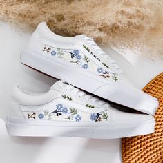 '' Wedding Vans for Bride and Groom, Blue Flowers Embroidered Vans Custom, Bridal Flowers Embroidery Vans Slip On, Personalized Bridal Vans, Wedding Gifts ' 🍀 Price includes Converse Shoes and Floral Embroidery Designs as shown 🍀 🍀 Shoe Type: Vans 🍀 Shoe color:3. Oldskool White 1. DETAILS 🍀 You can send me your Converse, Vans, canvas shoes or I can buy them for you. Custom-ordered embroidered Vans and Converse shoes, please wait another 2-4 days. Each pair is hand embroidered to order, please make sure you put in the correct shoe size before you check out. The embroidery is meticulous and does not fade. 🍀 You will receive Vans and Converse shoes with floral embroidery designs as above. 2. PERSONAL EXPRESSION 🍀 Create your unique vibe by your own design of embroidery! In addition to Custom Wedding Vans Brides, White Vans Embroidery, White Vans For Wedding, Bridal Sneakers Brides, Block Heel Wedding Shoes Brides, Bridal Vans, Vans Wedding, Embroidered Wedding Shoes, Wedding Vans