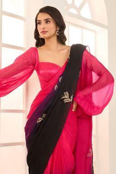 Hot pink to black ombre satin organza pre-draped saree with placement leaf motif embroidery. Comes with padded blouse. - Aza Fashions Placement Embroidery, Embroidered Leaf, Embroidered Leaves, Drape Saree, Black Ombre, Sequin Beading, Saree With Blouse, Pants Pattern, Pant Set