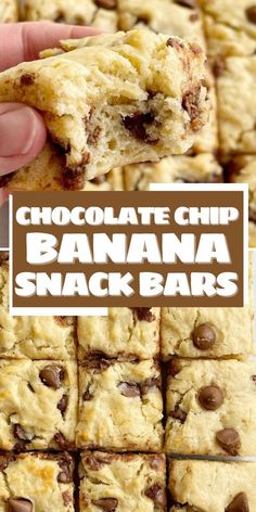 chocolate chip banana snack bars stacked on top of each other with text overlay that reads, chocolate chip banana snack bars