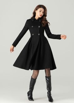 "FEATURES 50% wool, 50% wool blend Fully liner with polyester  With pockets Lapel collar  Long sleeve Button closure in front Fitted waist For Winter, Autumn Black wool coat Double breasted wool coat dry clean ★★Mode size Height 170cm (5′ 7″)  Bust 84 cm (33\")  Waist 66 cm (26\")  She wears size XS. ★★Bespoke Order Service If you Request other color Request the length Your height is not between 155 cm- 175 cm Your weight is not between 47 kg -77 kg I can do it for you, It will need some extra f Luxury Black Pea Coat For Business Casual, Luxury Black Peacoat For Formal Occasions, Cheap Black Career Outerwear, Luxury Black Pea Coat For Winter, Luxury Black Pea Coat For Office, Luxury Black Pea Coat For Business, Luxury Black Winter Pea Coat, Luxury Wool Peacoat For Office, A-line Outerwear With Button Closure