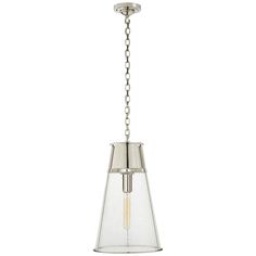 a light fixture with a chain hanging from it's end and a glass shade on the