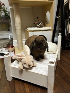 a rabbit sitting on top of a bed next to a stuffed animal