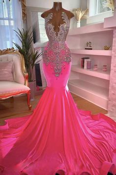 Crystal Birthday Party, Diamond Prom Dresses, Pink Prom Dresses Mermaid, Hot Pink Prom Dress, Crystal Birthday, Pink Evening Gowns, Birthday Party Dresses, Chic Garden, Dresses Flowy