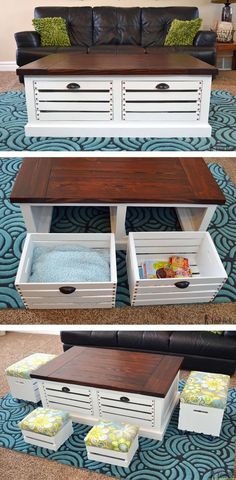 three pictures of the same coffee table with storage boxes underneath it and two photos of the same coffee table