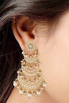 Buy Women's Alloy Chandbali Earrings in White Golden Chandbali Earrings, Kundan Chandbali Earrings, Earrings For Traditional Wear, Earing For Sarees, White Earrings Indian, Earrings For Lehenga, Earrings For Saree, Chandbali Earrings Gold, Onam Outfits