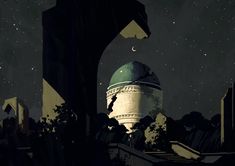 an artistic painting of a dome in the middle of a city at night with stars and moon