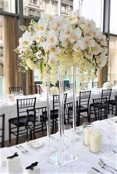 tall clear vases filled with white flowers sit on a table in front of black chairs