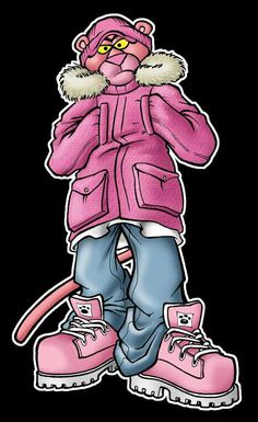 a drawing of a person in pink jacket and blue jeans