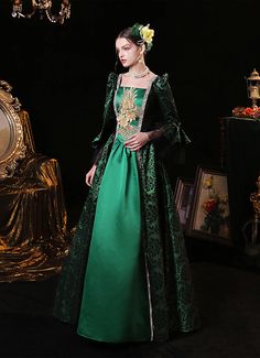 Green amp;nbsp;Renaissance Birthday Party Princess Dress for Women     Condition: Brand New   Color:Green   Material: This dress made of High Quality Satins, soft,smooth and comfortable to wear   Sleeve Length: Long Flare Sleeve   Dresses Length:Floor-Length   Neckline: amp;nbsp; Square Collar   Decoration: Ruffles + Lace   Package Includes: Dress + Hat     The length of skirt about 45 inches (114 cm) long from waist to hem regardless of size. This dress is pictured with a 6-hoop skirt Petticoat Elegant Floor-length Victorian Dress For Costume Party, Elegant Winter Corset Dress For Party, Princess Style Evening Dress For Banquet, Vintage Fitted Dress For Banquet, Elegant Fitted Corset Dress For Winter, Elegant Fitted Winter Corset Dress, Fitted Princess Style Party Corset Dress, Fitted Princess Corset Dress For Party, Fitted Princess Style Corset Dress For Party