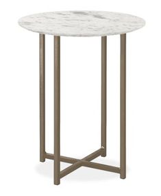 a white marble top side table with metal legs and an iron base, on a white background