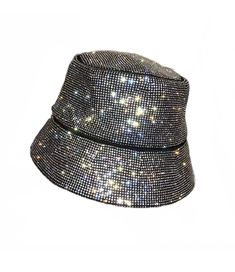 Rhinestone embellished hat. Trendy Rhinestone Hat, Trendy Bucket Hat For Party, Trendy Party Bucket Hat, Adjustable Summer Hats With Bling, Trendy Summer Hats With Rhinestones, Party Hats With Rhinestones And Short Brim, Adjustable Bucket Hat With Curved Brim For Party, Adjustable Bucket Hat For Party, Summer Party Hats Embellished