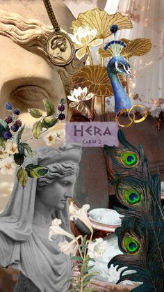 an artistic collage with peacocks, flowers and a statue in the background that says hera