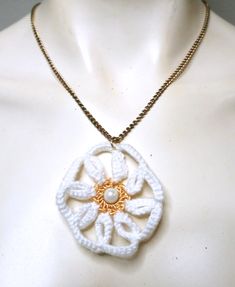 NEW CROCHET FLOWER PENDANT NECKLACE PEARL BEAD WHITE YELLOW GOLD CHAIN HANDMADE Orange Crochet, Artisan Jewelry Necklaces, Handcrafted Artisan Jewelry, Flower Pendant Necklace, Necklace Pearl, Yellow Light, Yellow Gold Chain, Crochet Flower, Crochet Jewelry