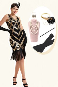 ZAPAKA Women Golden Sleeveless Fringes Flapper Dress with 1920s Accessories Set 20s Fashion Dresses, Style Année 20, 1920s Accessories, 20s Style, Fringe Flapper Dress, Great Gatsby Party, 1920s Flapper Dress, 20s Fashion, 1920s Flapper