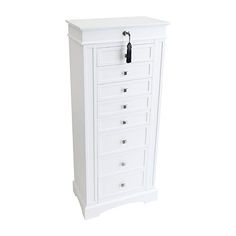 a white cabinet with five drawers and a black handle