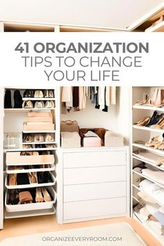 an organized closet with white drawers and shelves filled with clothes, shoes and other items