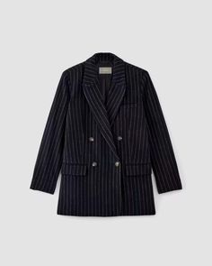 The ReWool® Double-Breasted Blazer Navy / Bone – Everlane Pinstripe Outerwear With Welt Pockets For Fall, Pinstripe Business Outerwear For Winter, Pinstripe Blazer With Double Button Closure For Fall, Pinstripe Outerwear For Winter Office, Pinstripe Wool Single Breasted Outerwear, Pinstripe Wool Outerwear For Winter, Winter Wool Pinstripe Outerwear, Pinstripe Wool Single-breasted Outerwear, Wool Pinstripe Outerwear For Winter