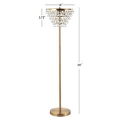 the golden floor lamp with crystal balls on it's base and measurements for each bulb