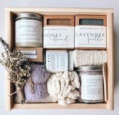 This natural spa gift box is the perfect gift for many occasions. The thoughtful spa gift encourages relaxation and pampering. Great for birthdays, thank you gifts, new mom gifts, baby and bridal shower,  and many other moments. Only high quality ingredients and elegant packaging are used.  This beautiful, personalized gift box is the perfect way to show her some self care and relaxation.  🌿 gift box, measure 9x9x3, handwritten notecard included. wooden keepsake box with the option of an engrav Thoughtful Thank You Gifts, Spa Gift Basket Ideas, Lavender Self Care, Spa Day Gift, Coastal Ideas, Spa Day Gifts, Bamboo Spoon, New Mom Gifts, Honey Brand