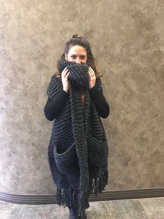 "Made to order. Keep warm this winter with this handmade super soft, extra bulky/chunky scarf with fringe and large comfortable pockets. Perfect for everyday wear while giving you that chic look! Made from quality yarn: 80% acrylic, 20% wool Size: approx. 17\" X 99\" (not including fringe) Care: Hand wash gently, lay flat to dry. Please allow 2-3 weeks for your scarf to be made and shipped. FREE SHIPPING" Cozy Chunky Knit Shawl For Fall, Oversized Cozy Scarves For Cold Weather, Cozy Chunky Knit Scarves For Fall, Cozy Chunky Knit Fall Scarves, Cozy Chunky Knit Infinity Scarf For Cold Weather, Cozy Hand Knitted Scarves, Scarf With Pockets, Chunky Knit Scarf, Scarf Chunky