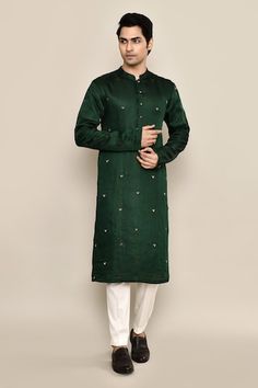 Sacramento green kurta featuring hand embroidery in the front and sleeves. Paired with a white pyjama. - Aza Fashions Ceremonial Cotton Silk Traditional Wear With Long Sleeves, Green Embroidered Chanderi Bandhgala, Green Chanderi Bandhgala With Long Sleeves, Ceremonial Cotton Silk Kurta With Long Sleeves, Ceremonial Long Sleeve Cotton Silk Kurta, Ceremonial Long-sleeve Cotton Silk Kurta, Green Cotton Silk Sherwani For Diwali, Green Cotton Silk Sherwani With Zari Work, Green Ceremonial Kurta For Transitional Season