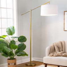 a living room with a chair, lamp and potted plant