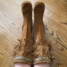 Brand New, Never Worn Fringe Suede Boots By Minnetonka Moccasin Bohemian Suede Boots With Tassels, Bohemian Suede Boots With Fringe, Bohemian Suede Winter Boots, Bohemian Suede Fringe Boots, Bohemian Winter Suede Boots, Bohemian Style Fringe Suede Boots, Western Boots With Tassels And Round Toe, Bohemian Fringe Boots With Round Toe, Bohemian Style Fringe Boots With Round Toe