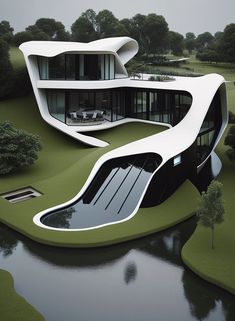 an architecturally designed house in the middle of a green area with water and trees