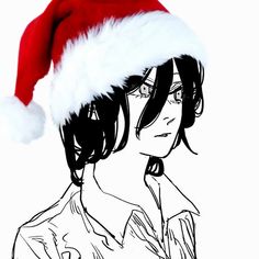 a black and white drawing of a person wearing a santa hat with long dark hair