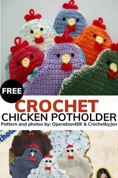 the crochet chicken potholder pattern is shown in several different colors and sizes