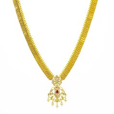 Exude feminine style with this gorgeous 22K gold necklace set from Virani Jewelers! Embellished with rubies, CZ stones, and pearls Features delicate, feminine details Made with Virani’s signature 22K yellow gold Designed with a hook-in-eye clasp closure This truly spectacular 22K gold necklace set from Virani Jewelers is the perfect way to complete your ensemble for a formal event. The emeralds and rubies add a subtle pop of color, and the delicate, feminine design of the pendant makes this neck 22k Gold Necklace Set, 22k Gold Earrings, 22k Gold Necklace, Delicate Feminine, Feminine Details, Gold Bead Necklace, Gold Necklace Set, Feminine Design, 22k Gold