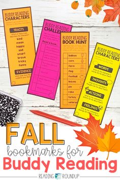 the fall bookmarks for buddy reading are on display with autumn leaves and pumpkins