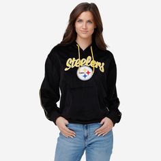 Pittsburgh Steelers Womens Velour Hooded Sweatshirt FOCO S - FOCO.com Hooded Tops With Team Logo For Fan Gear, Hooded Tops With Team Logo For Fans, Hooded Team Spirit Tops With Logo, Team-colored Hooded Top For Fan Gear, Hooded Tops With Team Logo, Team-colored Hooded Tops With Team Logo, Game Day Fan Apparel Tops With Drawstring Hood, Collegiate Hooded Top For Sports Events, Sports Team Logo Hoodie For Sports Season