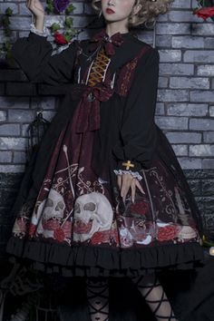 SKU: LIN01823 Fabric: Polyester Cotton Style types: Gothic Lolita Season: Spring, Summer, Autumn, Winter Notice: Any of the accessory is not included. Size(IN) Sleeve Length Shoulder Width Bust Waist Dress Length S 23.23 13.78 35.43 26.77 38.58 M 23.62 14.17 37.01 28.35 39.37 L 24.02 14.57 38.58 29.92 40.16 XL 24.41 14.96 40.16 31.50 40.94 Style Types, Gothic Princess, Punk Dress, Spring Summer Autumn Winter, Op Dress, Lolita Dress, Gothic Lolita, Waist Dress, Lapel Collar