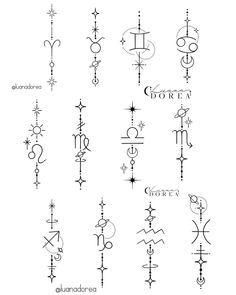 the symbols for different types of zodiacs and their meanings are shown in black ink