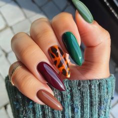 Autumn Nails Different Colors, November Colors Nails, Fall Orange Nail Colors, Green Pumpkin Nails, Fall Acrylic Nails 2024, Different Hand Nail Designs, Fall Nails Abstract, End Of November Nails, Oval Fall Nails Acrylic