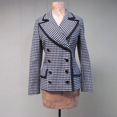 Vintage 1960s Jacket / 60s Double Breasted Wool Jacket Black White Houndstooth I. Magnin  / Small Fitted Double-breasted Houndstooth Outerwear, Fitted Double-breasted Houndstooth Blazer, Vintage Fitted Houndstooth Blazer, Fitted Vintage Outerwear With Houndstooth Pattern, Fitted Vintage Houndstooth Blazer, 1950s Fitted Workwear Outerwear, Fitted Gingham Blazer For Fall, 1960s Jacket, 1940s Dress Pattern