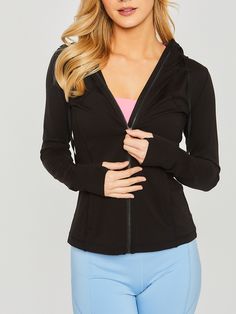 "NO REFUNDS-please check sizing Small (2/4), Medium (6/8), Large (10) Super Soft, High Quality Athletic Zipped Jacket with Draw cord on Hood. Thumb holes keep sleeves down and secure. Slim fit, above hip length. Available in Black, Blue, Lavender in Small to XL. Super Soft and Stretchy Premium Quality Fabrication. Model is Wearing Size Small. Model: 5'9\" 32B bust, 25\" waist, and 36\" hips. 80% Nylon, 20% Spandex Perfect, Soft Cozy top to wear with your Dainty Accessories. Active or lounge, als Fitted Long Sleeve Outerwear With Ykk Zipper, Sporty Fitted Outerwear For Outdoor Activities, Casual Workout Hoodie With Zipper Closure, Casual Zipper Hoodie For Workout, Casual Workout Hoodie With Zipper, Black Stretch Track Jacket For Outdoor Activities, Fitted Hooded Jacket With Zipper For Fall, Fitted Hooded Activewear For Outdoor, Zippered Hoodie For Workouts