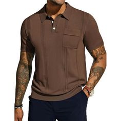 (Color: Coffee) *Knitted Materialmen's Knit Polo Shirts Are Rafted From A Soft And Breathable Knit Fabric, It Feels Gentle Against The Skin And Will Keeps You Comfortable Throughout The Day. The Lightweight Nature Of The Fabric Makes It An Excellent Choice For Warm Weather Or Casual Activities *Fashion Designmens Polo Shirt Is Featured With Herringbone Textured Stripe Design, Hollow Out, Short Sleeves, Lapel Collared With 3 Buttons, 1 Chest Pocket. For Individuals Who Appreciate The Fusion Of Ca Fitted Polo Shirt With Pockets, Fitted Casual Polo Shirt With Pockets, Brown Knit Top With Ribbed Collar, Brown Collared Polo Sweater, Casual Brown Collared Polo Sweater, Casual Brown Polo Sweater, Brown Tops With Casual Collar And Pockets, Brown Tops With Pockets And Casual Collar, Casual Brown Collared Sweater