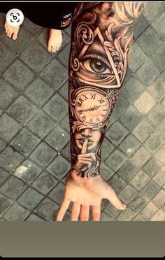 a man's arm with tattoos and an eye on it