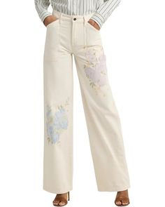 LAUREN Ralph Lauren Floral High-Rise Wide-Leg Jeans in Mascarpone Cream Wash | Zappos.com Cream Denim Pants With Five Pockets, Beige Floral Embroidered Bottoms For Spring, Beige Jeans With Five Pockets For Spring, Beige Floral Embroidered Pants For Spring, Spring Beige Floral Embroidered Bottoms, Spring Pants With Five Pockets, Chic Cream Denim Jeans, Cream Relaxed Fit Denim Jeans, Beige Floral Embroidered Pants