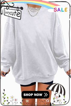 White Oversized Solid Drop Shoulder Sweatshirt Oversized Plain Sweater For Streetwear, Oversized Plain Hoodie With Crew Neck, Casual Plain Sweatshirt For Streetwear, Oversized Plain Sweatshirt For Winter, Oversized Plain Winter Sweatshirt, Oversized Cozy Solid Color Tops, Casual Hoodie With Crew Neck, Oversized Solid Color Hoodie For Streetwear, Oversized Basic Plain Sweater