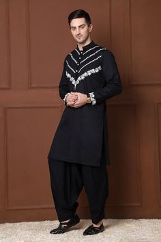 Black kurta with thread embroidered floral jaal and geometric patterns. Comes with a pathani. - Aza Fashions Cotton Long Sleeve Set With Geometric Embroidery, Cotton Sets With Geometric Embroidery And Long Sleeves, Cotton Set With Geometric Embroidery And Long Sleeves, Black Semi-stitched Cotton Kurta, Cotton Sets With Geometric Embroidery In Straight Kurta Style, Fitted Cotton Folk Kurta, Cotton Straight Kurta With Geometric Embroidery, Cotton Kurta With Dabka Work In Traditional Drape, Cotton Kurta With Intricate Embroidery For Festivals