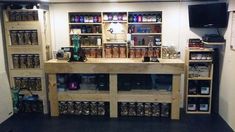 the inside of a liquor store with shelves full of bottles and jars on display,