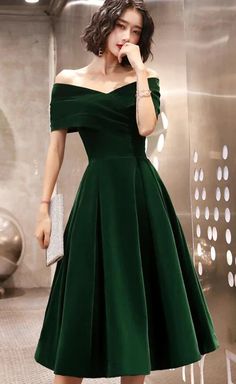 Green Velvet Off Shoulder Vintage Style Bridesmaid Dress. Tea Length Party Dress Dark Green Fitted A-line Dresses, Fitted Dark Green A-line Dresses, Fitted A-line Dark Green Dress, Bridesmaid Dress Tea Length, Vintage Style Bridesmaid Dresses, Party Dress Green, Off Shoulder Party Dress, Green Bridesmaid Dress, Dress Tea Length