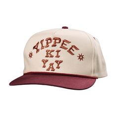 “YIPPEE KI YAY!” You can go on and fill in the rest if you want to. We ain’t gonna say it… We gotta sell hats after all! Hand Sticker, Custom Caps, Brown Hats, Unique Fits, Silly Jokes, Embroidered Design, We Wear, Hats Vintage, Things To Buy